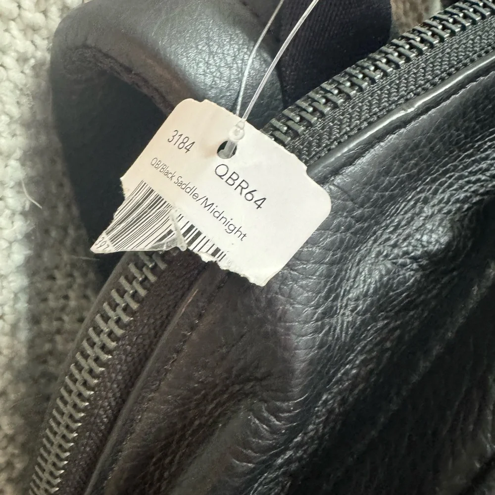 Coach Black Leather Backpack with Brown and Navy Stripes